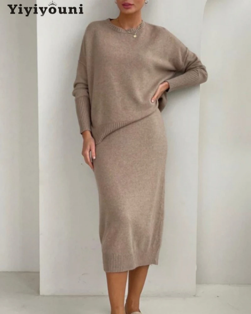 

Yiyiyouni Elegant Long Sleeve 2 Piece Sets Outfits Women Autumn Winter Knitted Pullover and Mid-calf Skirts Female Loose White