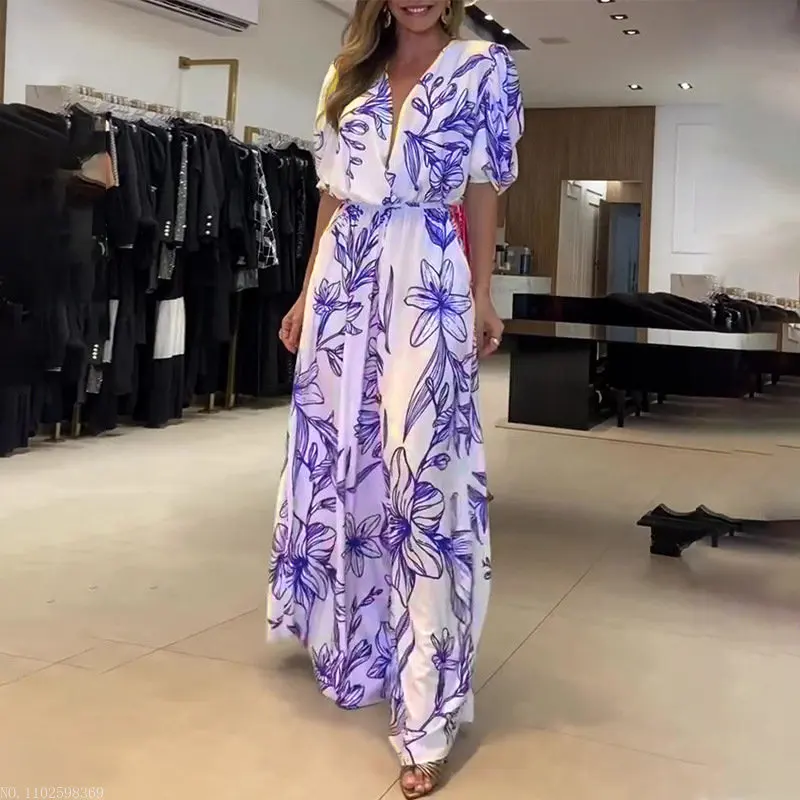 

Fashion Women Lace-up V Neck Long Dress Elegant Flower Print Commute Party Dress Casdual Short Sleeve Loose Hem Beach Boho Dress