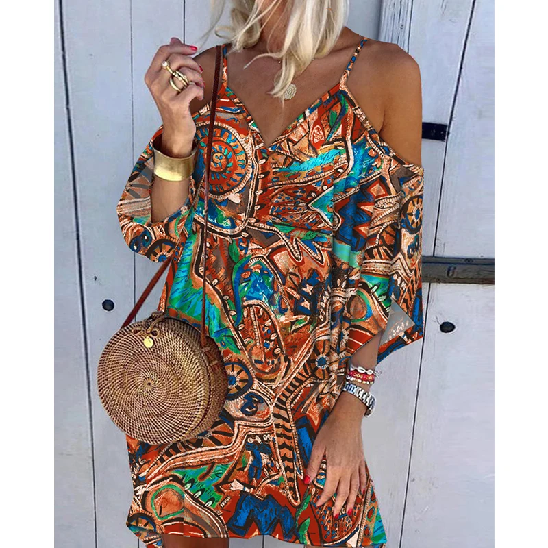 

Fashion Women Sexy Beach Wear Boho Elegant Loose V Neck Three Quarters Sleeve Dress Tribal Print Cold Shoulder Casual Dress