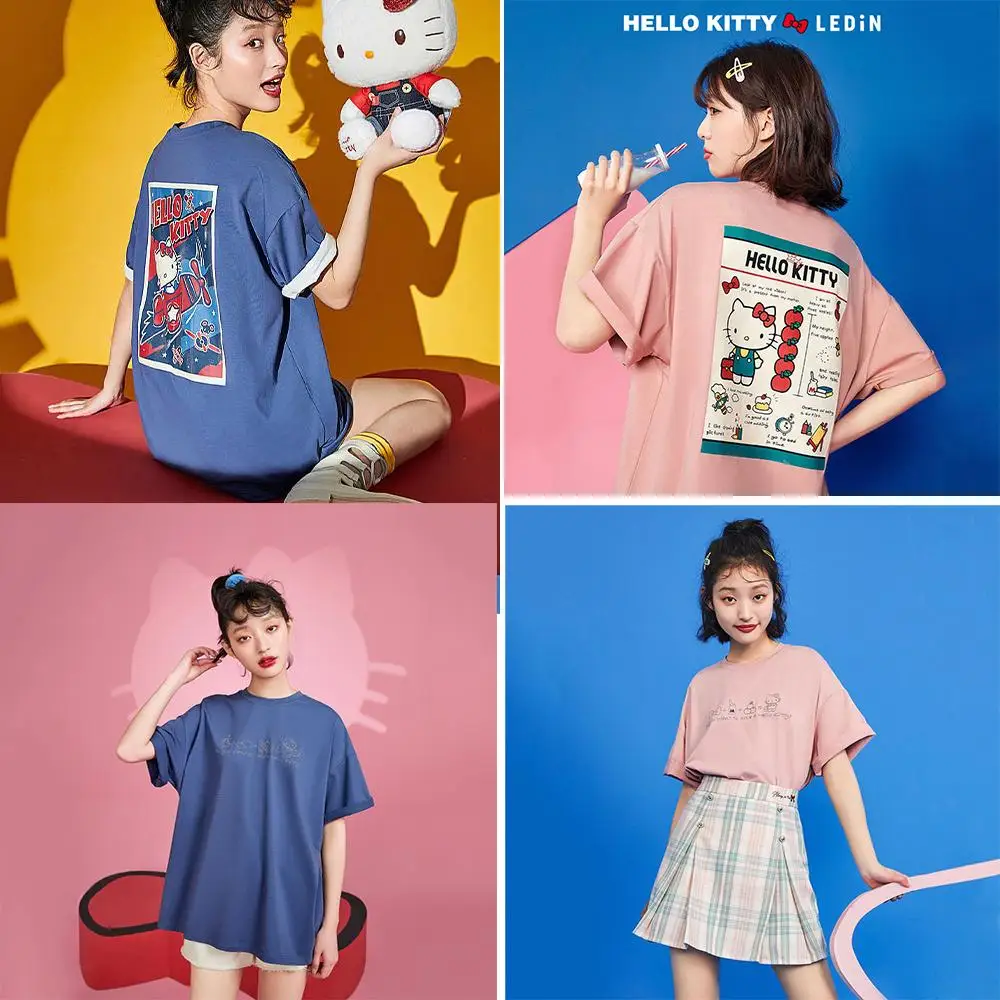 

Anime Couple T-Shirt Hello Kitty Sanrio Kawaii New Summer Men and Women Short Sleeve Cotton Loose Harajuku Student Trend Casual