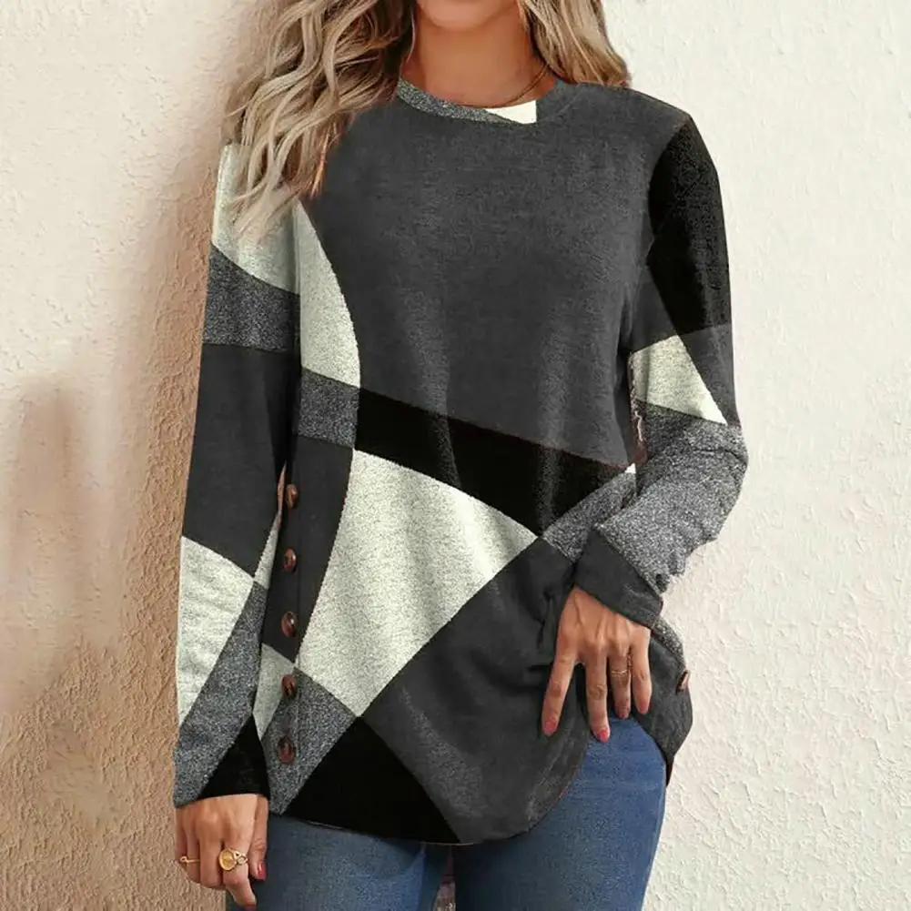 

Crew Neck 3D Cutting Workwear Women Casual Vintage Geometry Patchwork Color Pullover Blouse Women T-shirt Daily Clothing