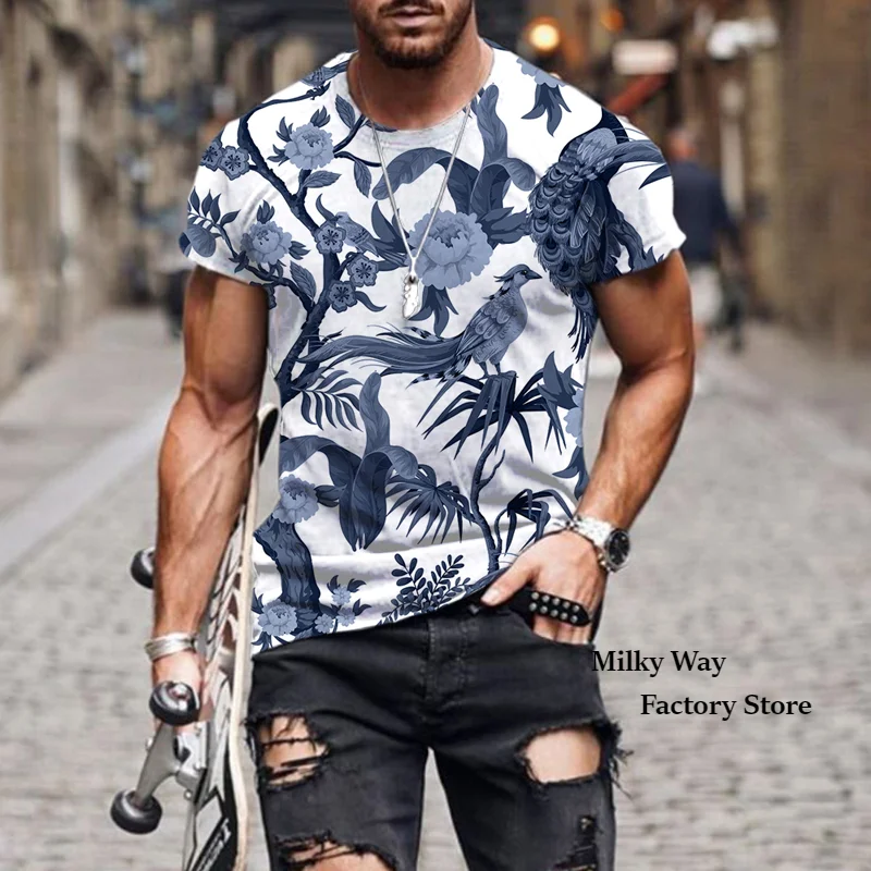 

Men's Summer Chinese Style T-Shirt Male Casual Clothing Outdoor Fashion Streetwear Vintage Crane Peacock Pattern Tops&Tees