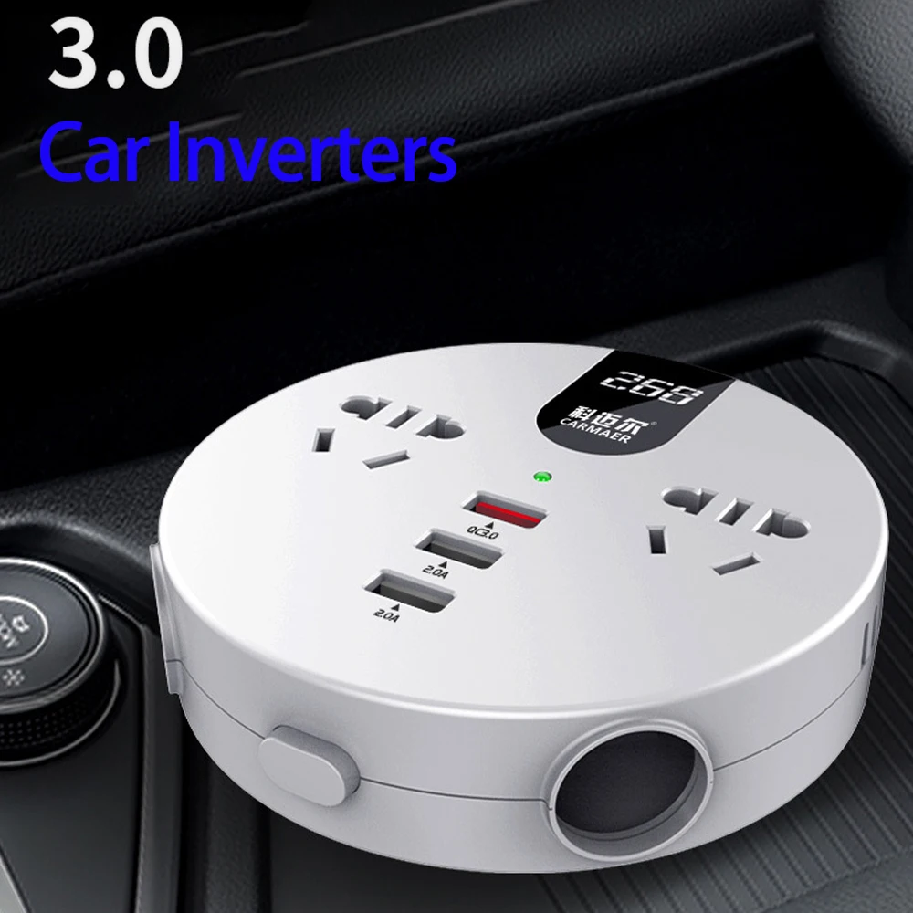 

Многофункциональный инвертор, 12-24 В до 110-220 В, для автомобиля, быстрая зарядка QC 3,0, для прикуривателя