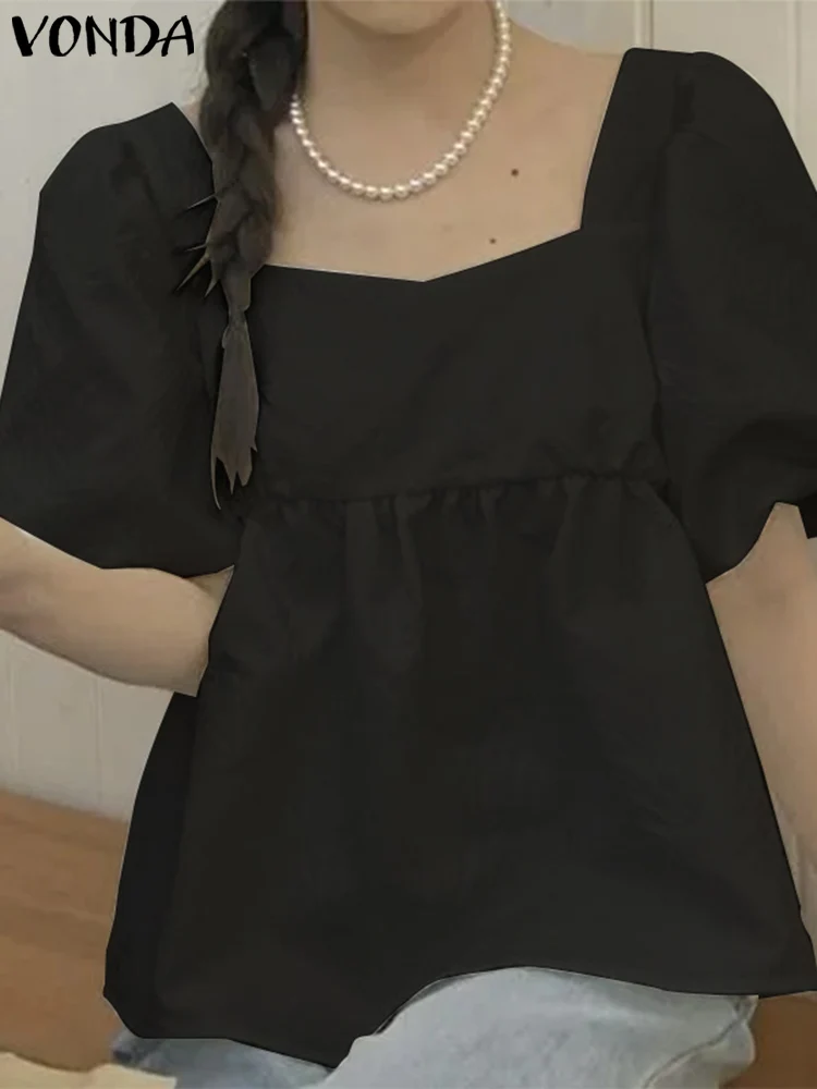 

Women Solid Color Tops VONDA Short Puff Sleeve Blouse Elegant Shirts 2023 Summer Casual Sexy Square Neck Loose Blusas Femininas