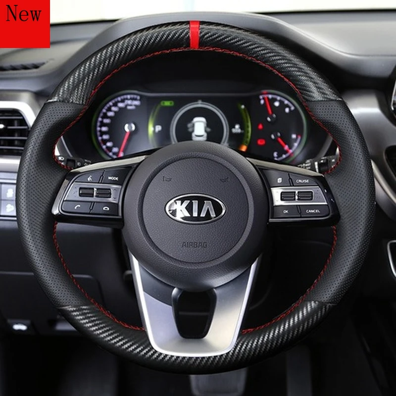 

Hand-Stitched Leather Suede Carbon Fibre Car Steering Wheel Cover for Kia K2 Forte K5 KX1 K3 Sportage R K4 KX7 Accessories