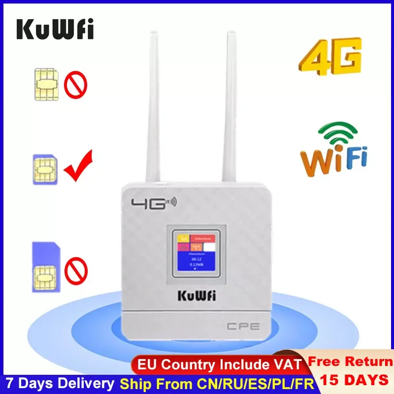 KuWFi LTE Router 150M 4G Wifi Router Wireless CPE Unlocked with External Antennas SIM Card Slot WAN/LAN Port Ethernet Modem