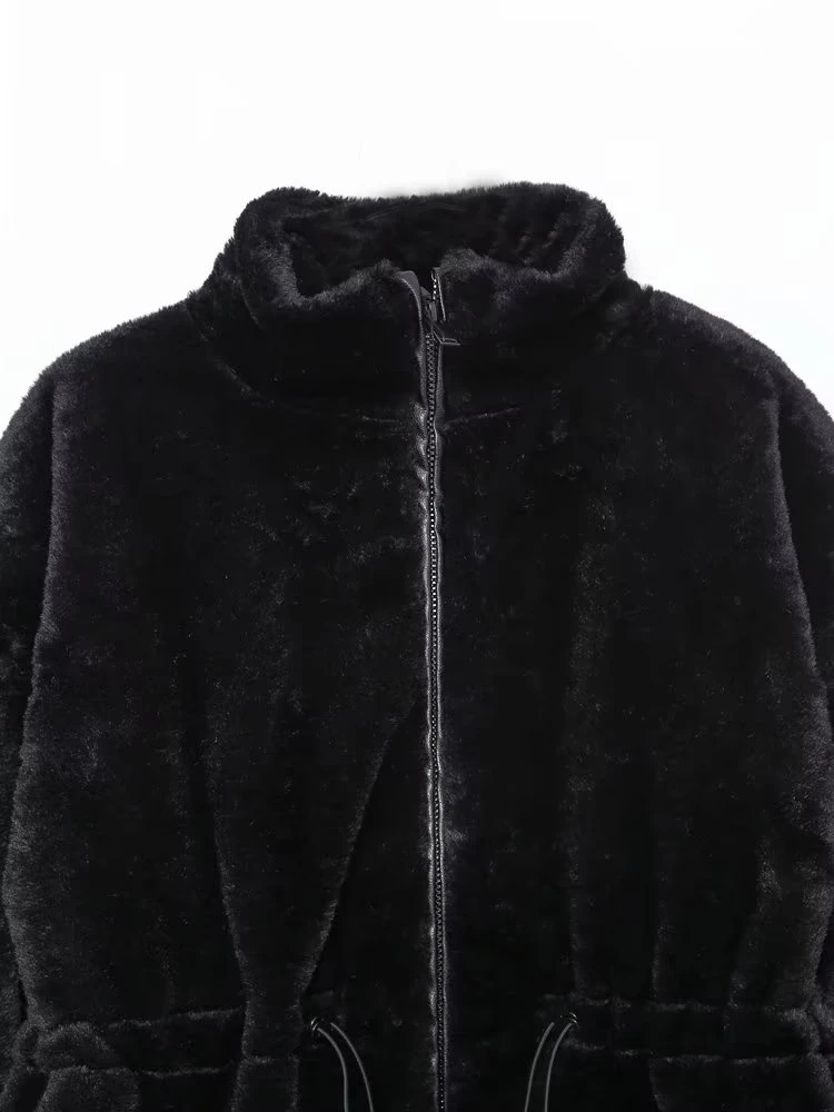 KEYANKETIAN Women's faux Fur Effect Coat Retro style new winter drawstring waist half high neck short zipper Mujer jacket