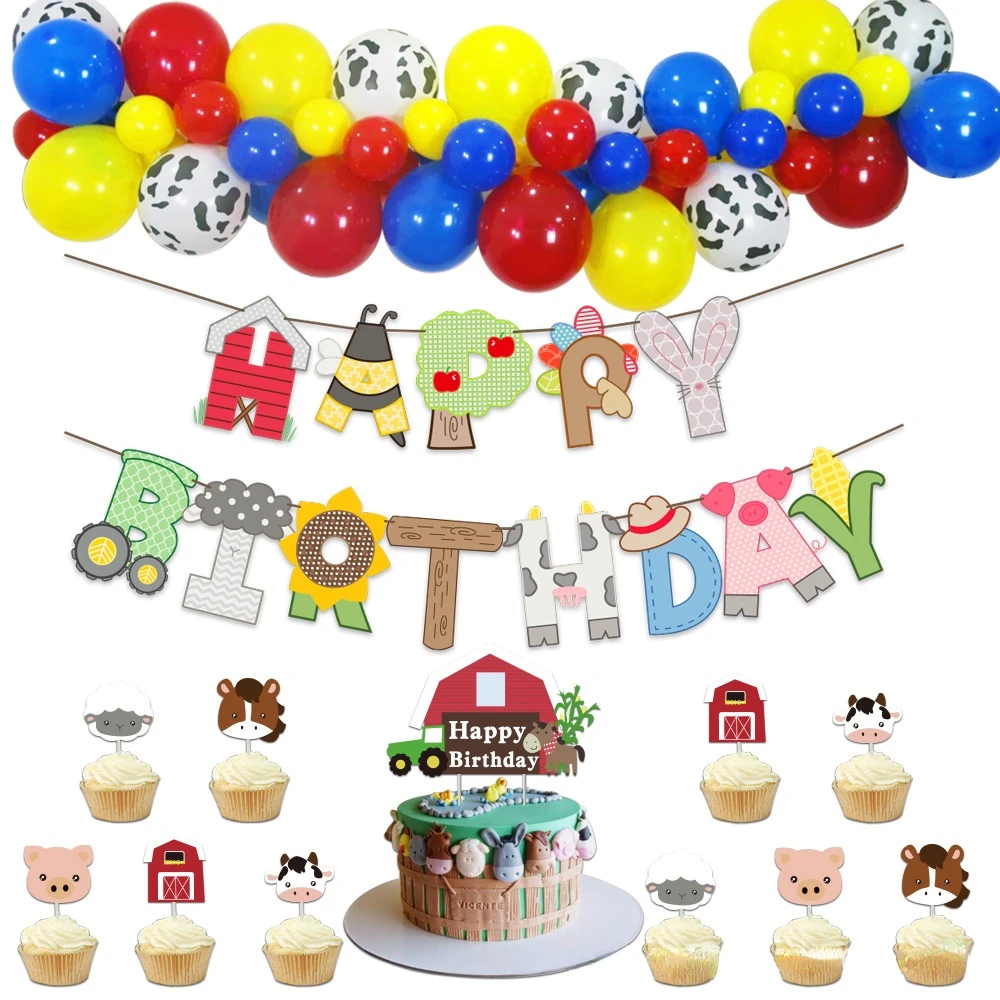 

JOYMEMO Farm Theme Birthday Party Decoration Supplies Pig Cow Horse Banner Cake Topper Balloon Set Kids Birthday Surprise Party