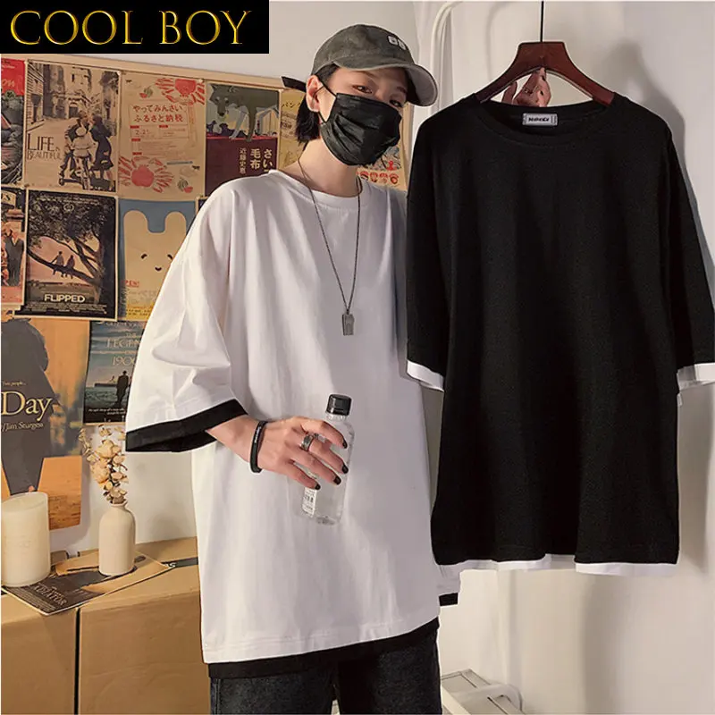 

J GIRLS Men Short Sleeve T-shirts Fake Two Pieces T Shirt Round Neck Stylish Casual High Street Hip Hop Tops Military Baggy Ins