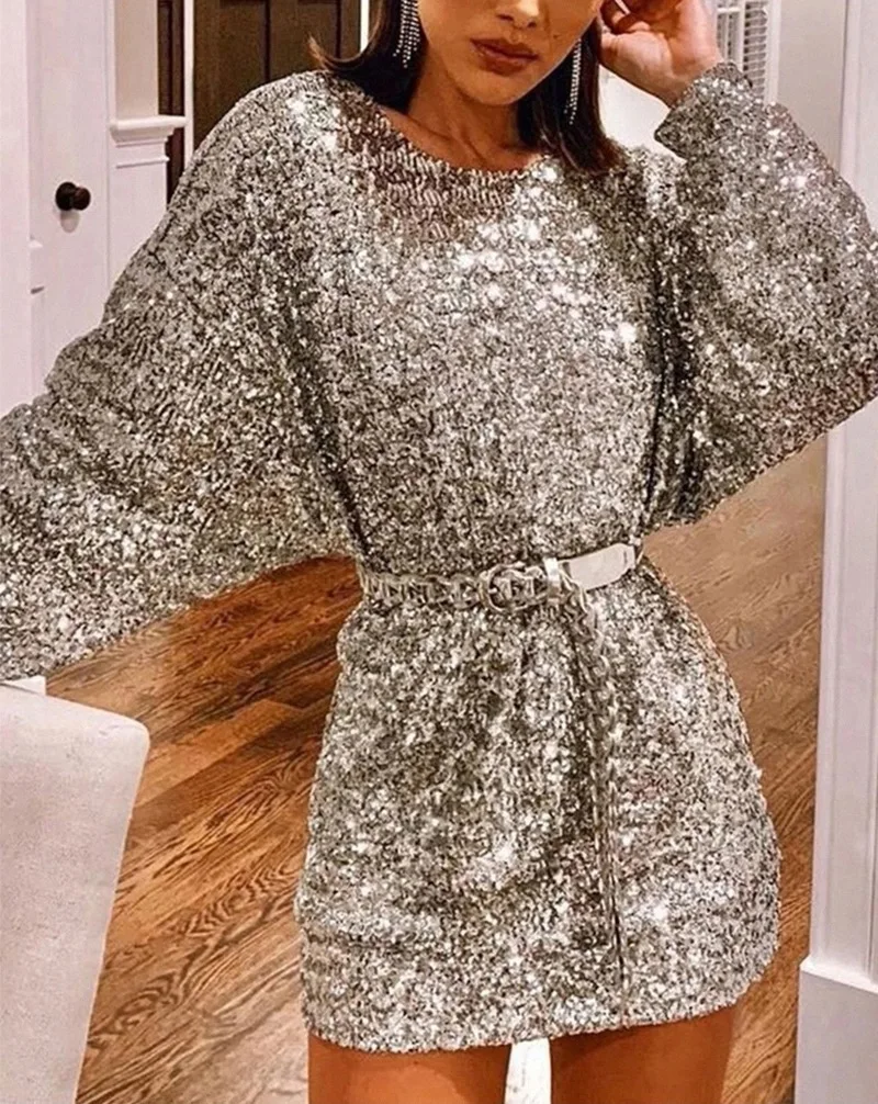 

new women's short evening dress Sexy Sequin round neck women's A-line skirt