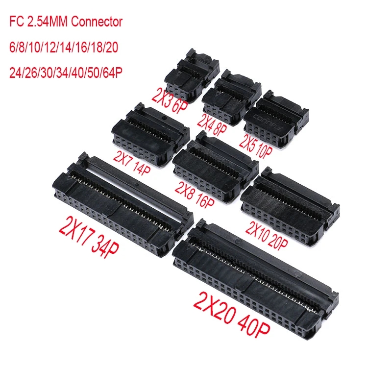 10Pcs FC 2.54mm Pitch 6P/8/10/12/14/16/18/20/24/26/30/34/40 Pin IDC Socket Connector Double Row Female Header for 1.27mm Wire - купить по