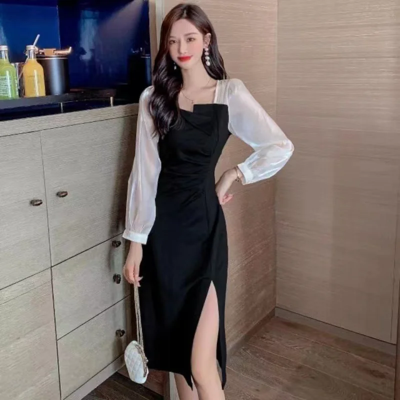 

Dress Women's Autumn 2022 New Design Sense French Retro Hepburn Black Split Long Sleeve Skirt