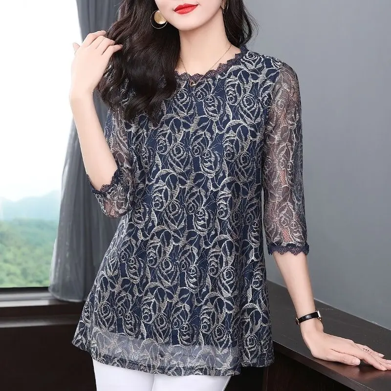

Spring Summer Three-quarter Sleeve Lace Bottoming Shirt Women's Mid-length New Round Collar Loose Mesh Blouse Top M-5XL