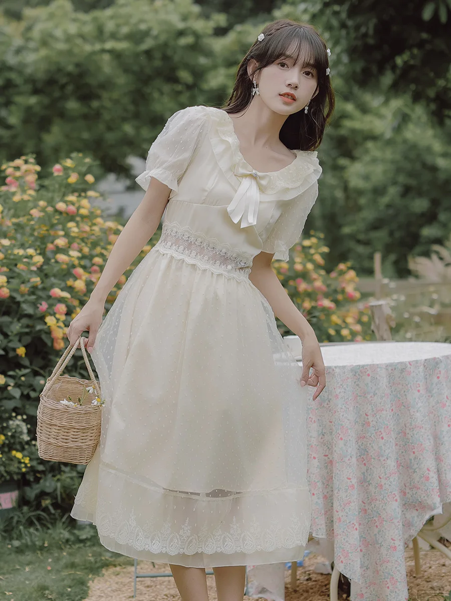 

Blovelan white tea rose shows net yarn jacquard lace ruffled skirt dust new dress