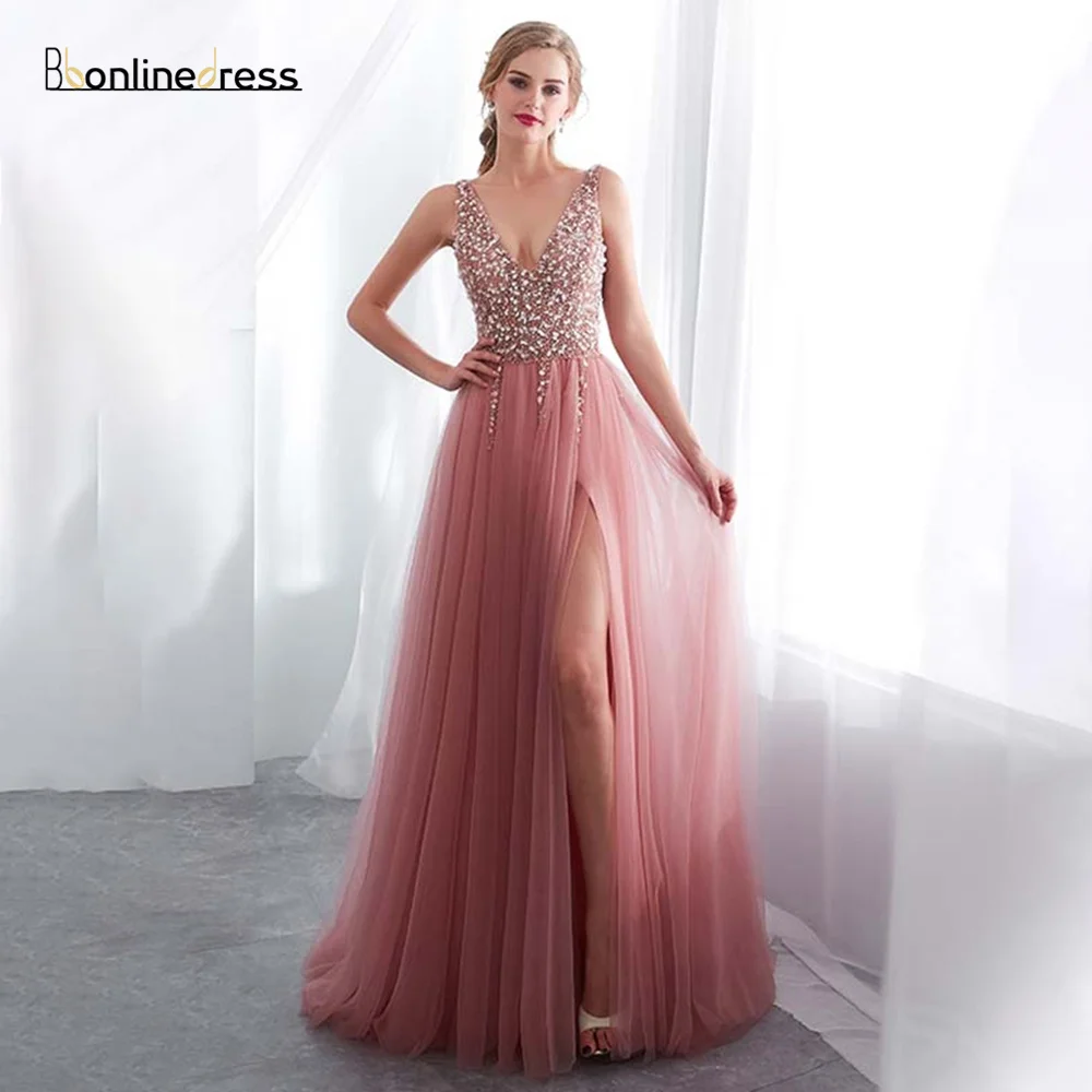 

Bbonlinedress, выпускные платья с V-образным вырезом и бисером, вечерние платья с высоким разрезом, а-силуэт, вечернее платье без рукавов, платья дл...