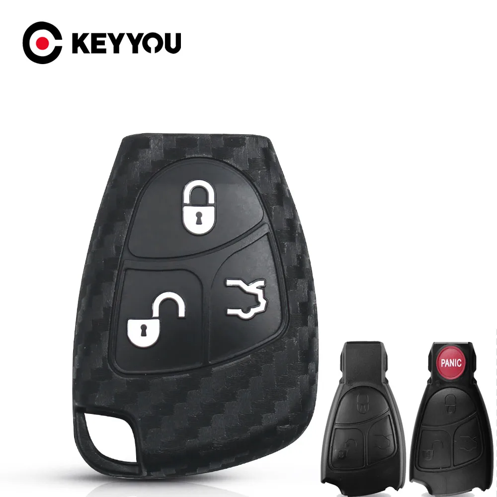 

KEYYOU Carbon Fiber Remote Car Key Silicone Case Cover Protector For Mercedes-Benz B C E ML S CLK CL Fob 3 Buttons Keyless Entry