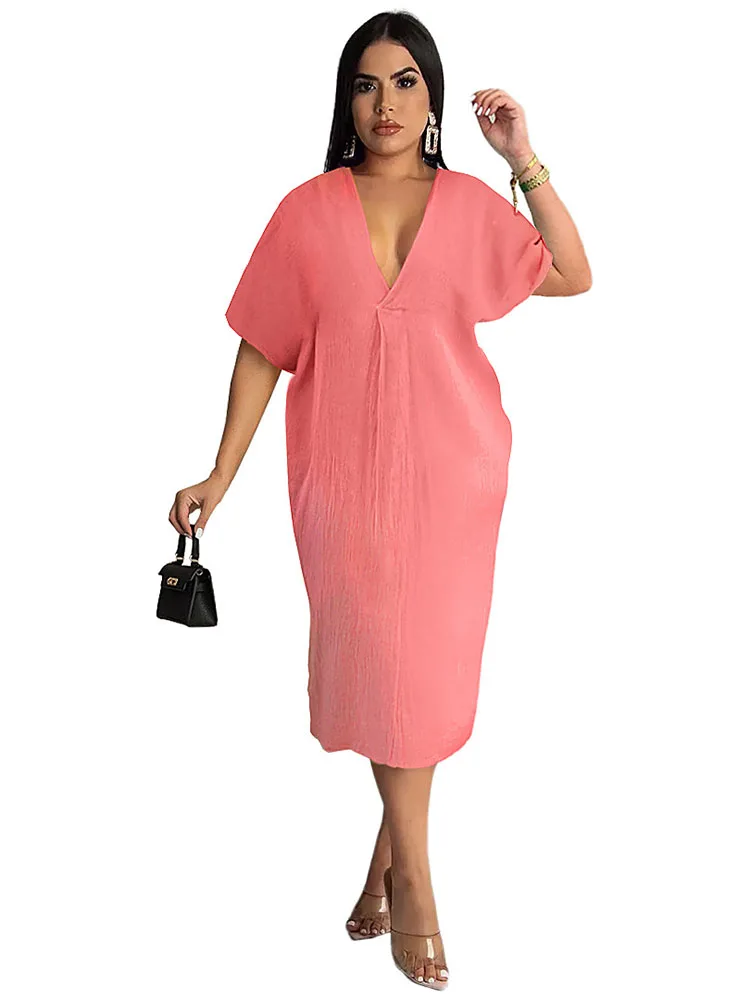 

Szkzk summer loose and casual Midi dress Women Deep V neck short sleeve streetwear high waist black pink holiday party dress