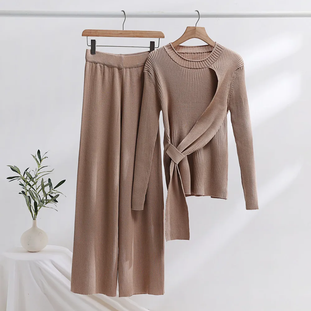 

2pcs Autumn Winter Pant Suits Women Outfits Knitted Pullover Top Wide Leg Pants Two-piece Set Women Tracksuits