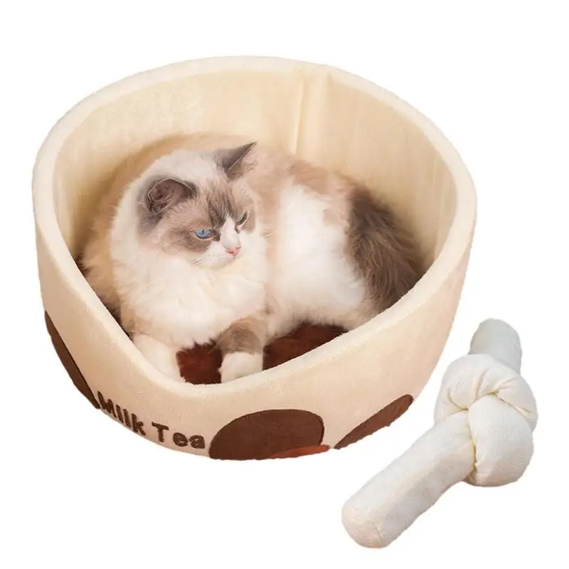 

Plush Cat Bed Soft Long Plush Sleeping Cat Nest Cute Milk Tea Cup Shape Beds For Pets Soft And Calming Cat Bed For Cats
