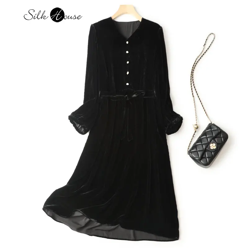 

Luxury Temperament Real Velvet Dress Women's V-neck Pullover Loose Lantern Sleeve A-line Skirt Mulberry Silk Medium Length Dress