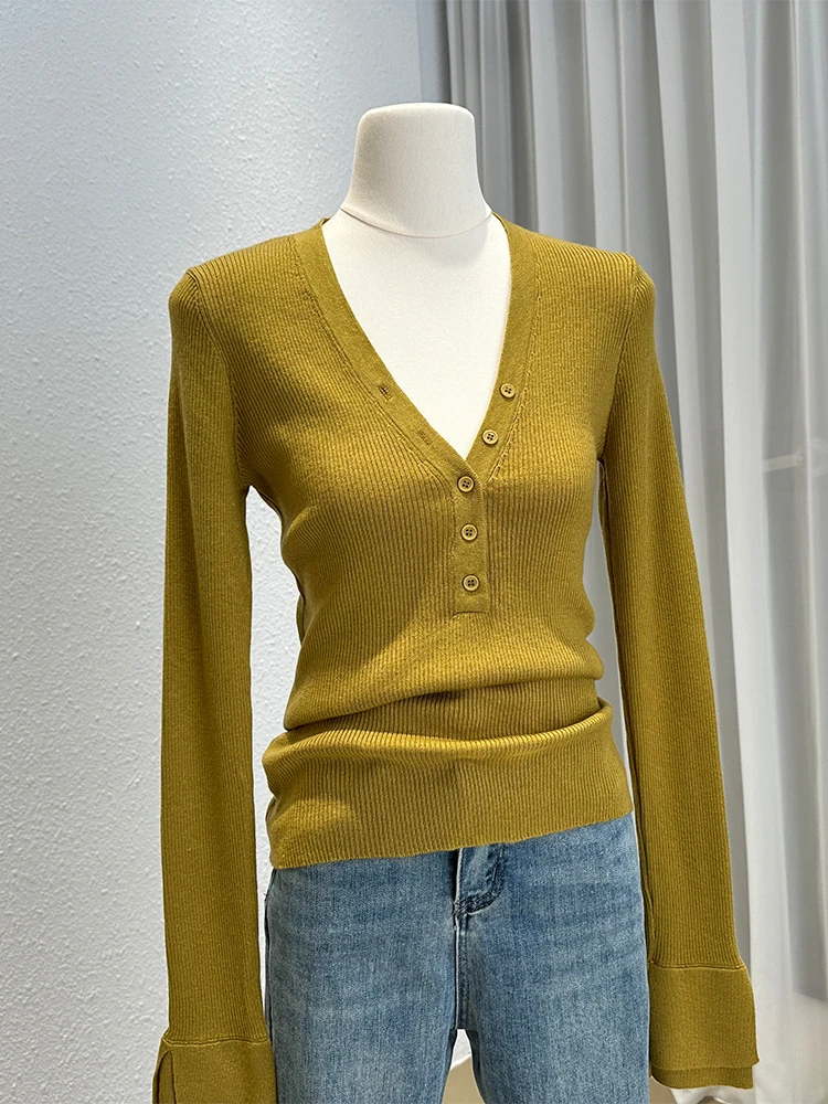 Корейская серия трикотажная женская рубашка с v-образным вырезом и длинными