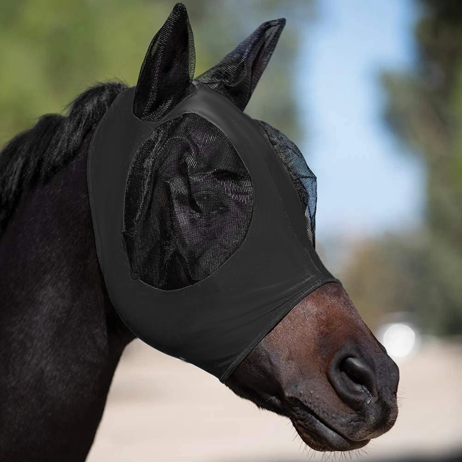 

Защитная сетка для лица 33,3*18,3 см, 60 г, черная, синяя сетка для лошадей, защитная сетка для лица с ушами, Комфортная эластичная мягкая защита от солнца