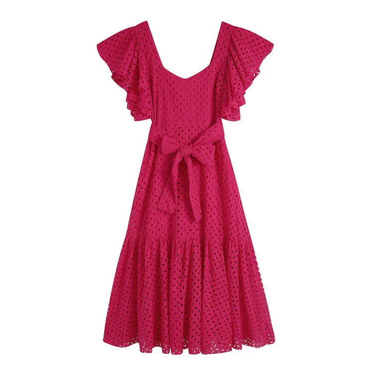 

Dress Women Embroidery Long Fuchsia Cutwork Backless Summer Short Sleeve Ruffle Midi Dresses 2022 Robe Femme Été Party Robe