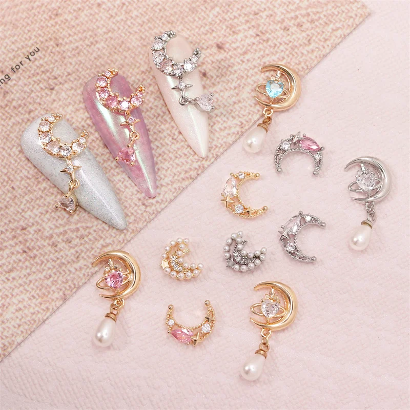 

10pcs 3D Alloy Nail Art Jewelry Gold Silver Moon Series Nails Decorations Parts Inlaid Shiny Rhinestones Pearl Glass Nail Charms