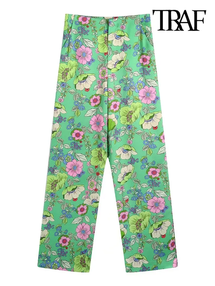 

TRAF Women Fashion Side Pockets Floral Print Soft Touch Pants Vintage High Waist Zipper Fly Female Trousers Mujer