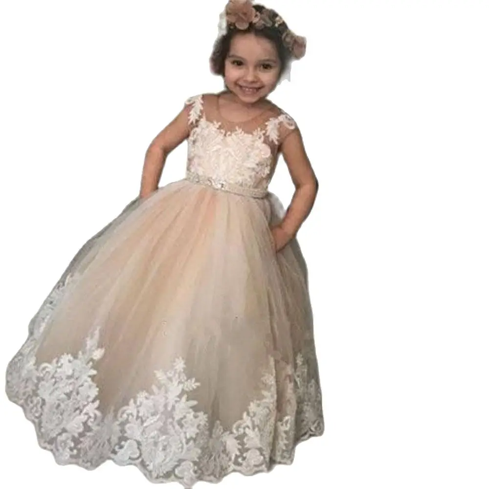 

Бальное платье цвета шампанского, Платья с цветочным рисунком для девочек на свадьбу, прозрачное Тюлевое платье-пачка с рукавами-крылышкам...