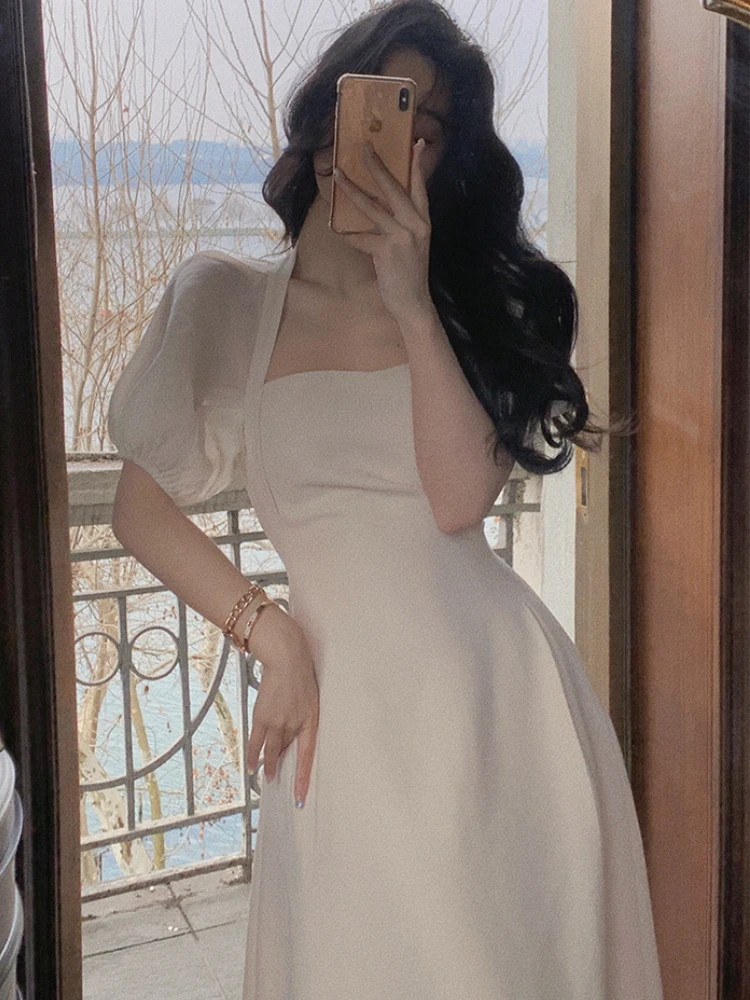 

Puff Sleeve Dress Women Elegant Casual Halter Midi Dresses Evening Party Korean A-Line Vestidos Summer 2022 Elegant White Dress