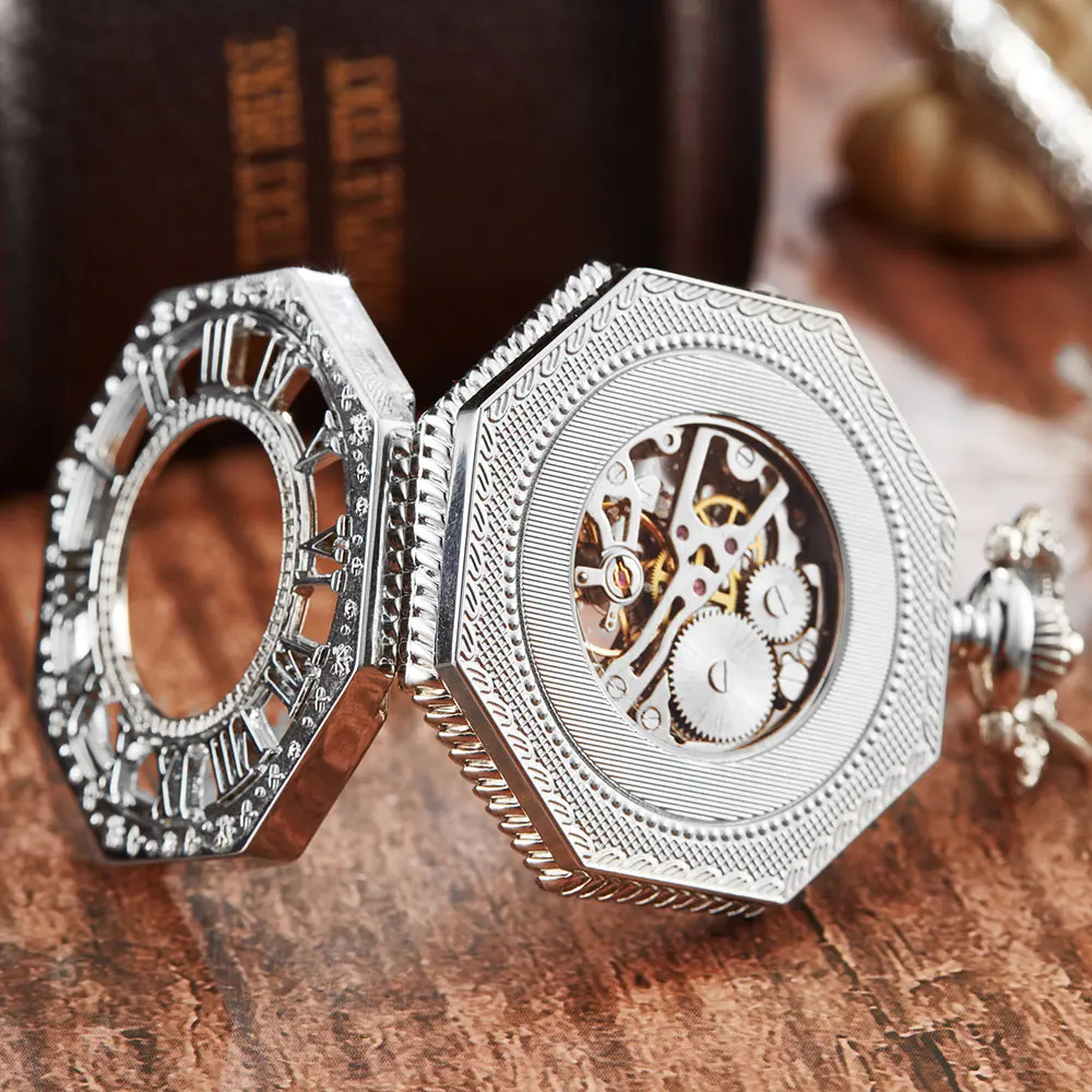Vintage Sliver Mechanical Pocket Watch For Man Women Clock Unique Octagon Hollow Skeleton Gear Dial FOB Chain Steampunk Watches
