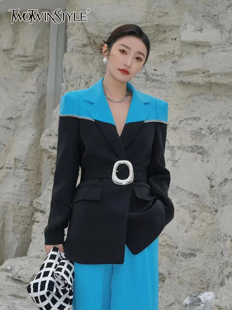 

TWOTWINSTYLE Colorblock Two Piece Set For Women Notched Long Sleeve Blazer Loose Straight Pants Female 2022 Spring Clothing New