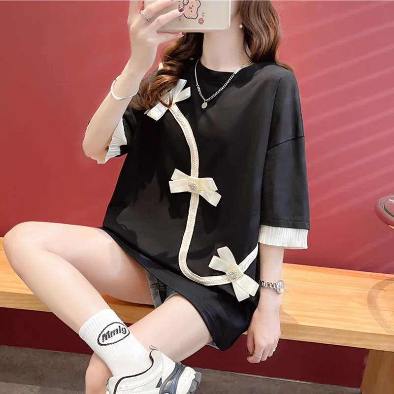 #0693 женская футболка в китайском стиле длинная свободная однотонная с круглым