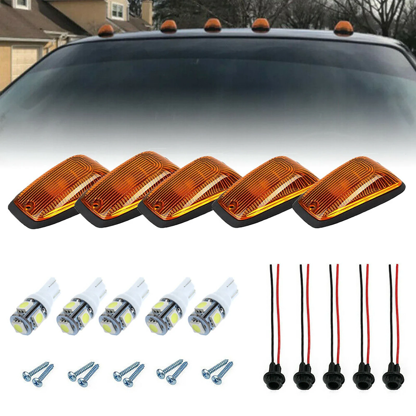 

5Pcs/set Amber Lens LED Car Cab Roof Top Marker Running Lights with Bulbs Harness and Screws for Chevrolet GMC 1988-2002