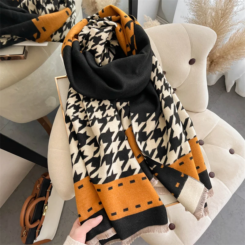 New Women Winter Shawl Wraps Thick Cashmere Houndstooth Print Blanket Bufanda Retro Brand Design Pashmina Stoles Poncho Echarpe