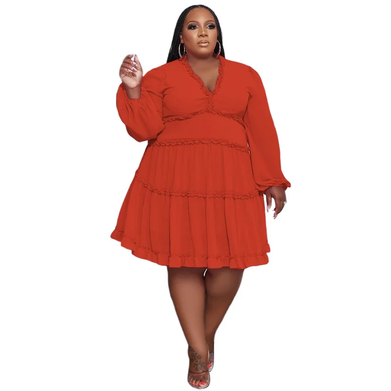 V-neck Solid Color Mini Dress Plus Size Women's Autumn Long Sleeve 2022 Elegant Ruffle Hem A-line Skirt Wholesale Dropshipping