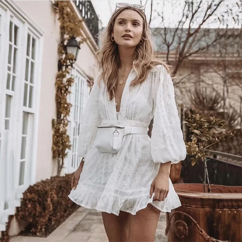 

2021 Autumn White Embriodery Dresses for Women New Casual Long Lantern Sleeve V-neck Hollow Out Elastic Waist Bow Bandage Dress