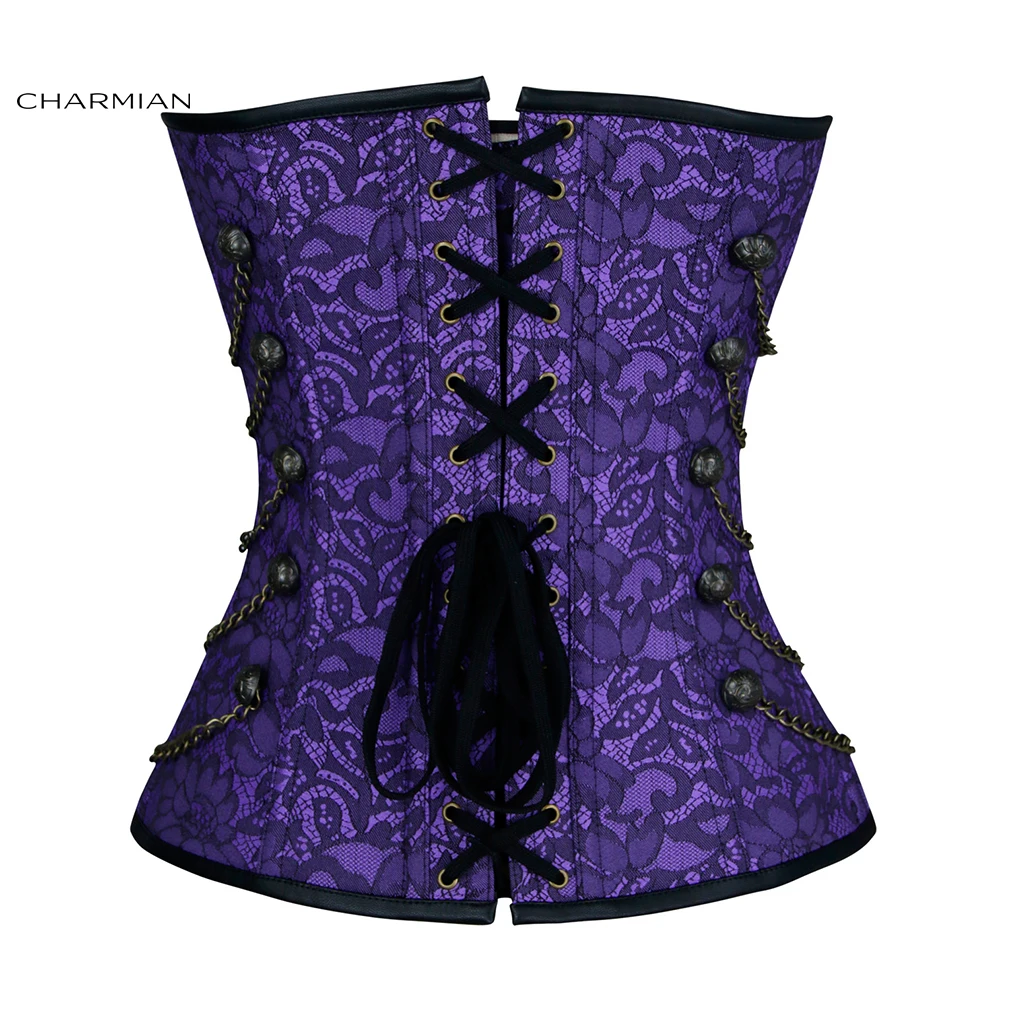 Charmian Women's Steampunk Gothic Brocade Halloween Overbust Corset with Chains Retro Jacquard Strapless Body Shaper Bustier Top