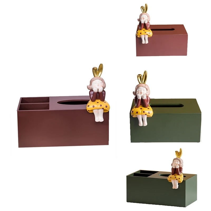

European Resin Rabbit Ears Girl Tissue Box Desktop Storage Creative Large Capacity Tissue Box Modern Home Furnishings