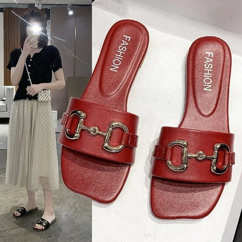 2022 Women's PU Shoes Fairy Ins Tidy Slippers Women's Summer Outwear Non slip Flat Sole One word Cool Slippers Large Size