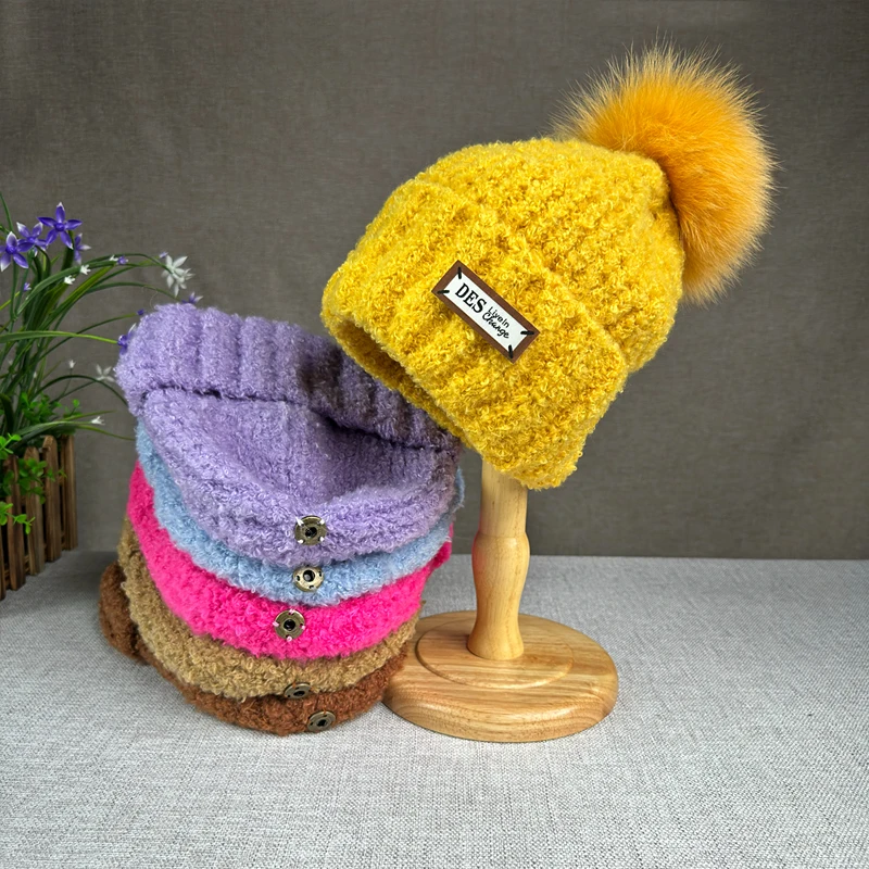 Теплая Шерстяная Вязаная Плюшевая Шапка-бини С Помпоном Из Натуральной Лисы