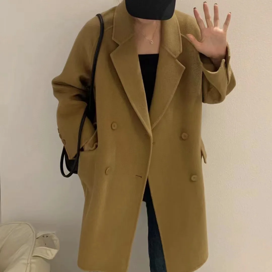 

Женское двухстороннее шерстяное пальто, повседневное офисное пальто миди ручной работы в Корейском стиле премиум-класса, 2022