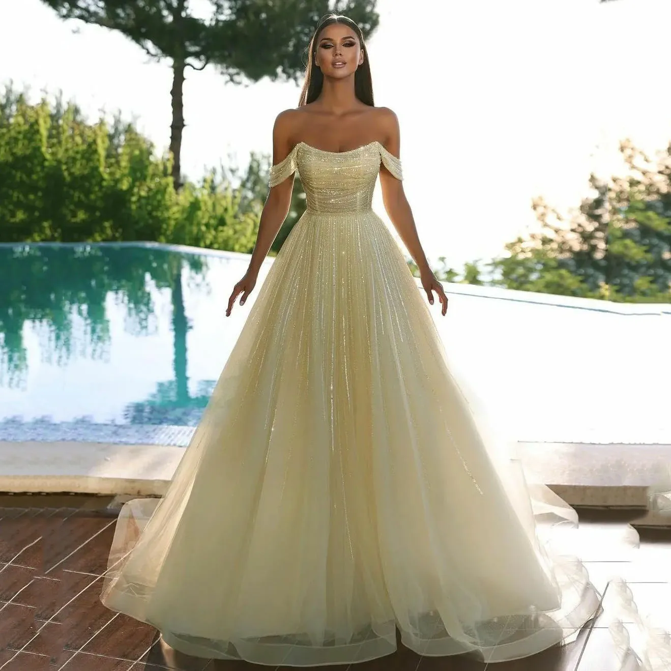 

Msikoods Sexy Glitter A Line Yellow Evening Party Dresses Off Shoulder Sleeveless Arabic Pleat Formal Gowns Shiny Prom Dress