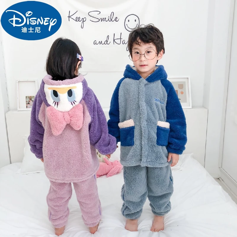 Disney Anime Winter Donald Duck Daisy Duck Winter Coral Velvet Children Pajamas Suit Cartoon Girl Boys Home Thickened Nightgown