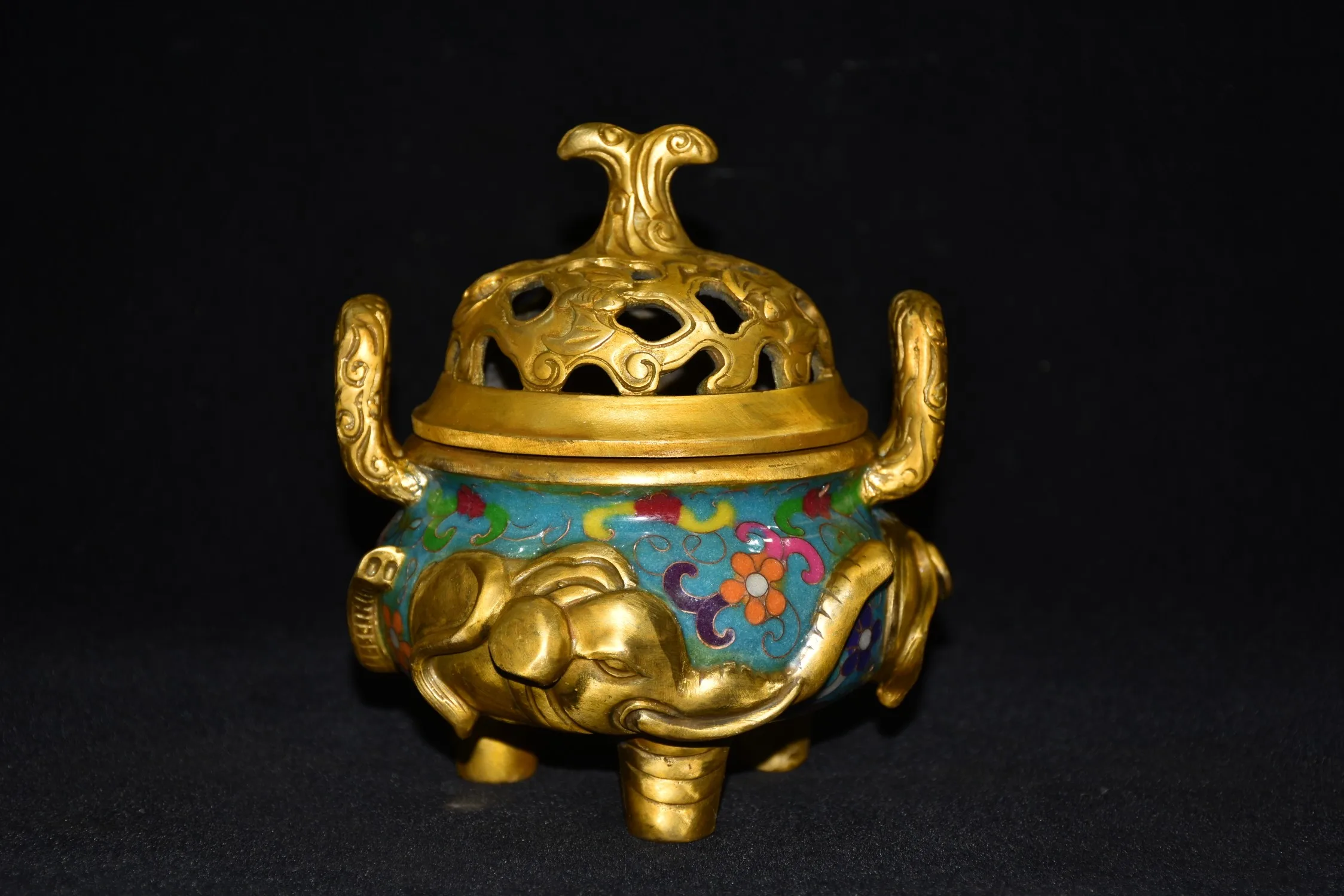 

6" Tibetan Temple Collection Old Bronze Cloisonne Gilt lotus trunk binaural incense burner office ornament Town House Exorcism