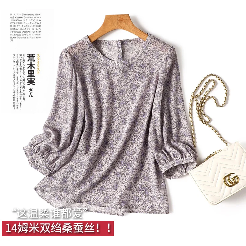 

Print Natural Silk Womens Tops Blouse for Women Thin (Summer) Loose Fit Blusas De Mujer Three Quarter Sleeve