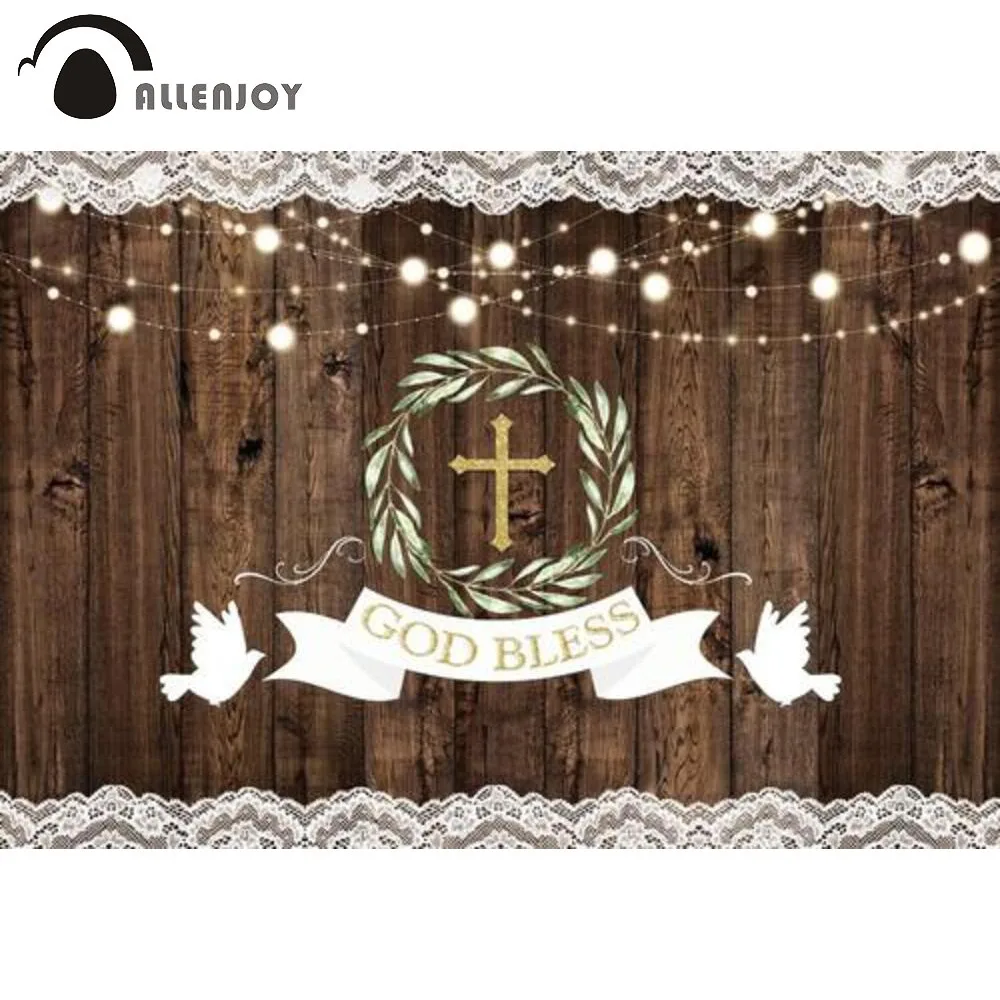 

Allenjoy God Bless Wood First Holy Communion Background Rustic Baby Shower Baptism Newborn Banner Lace Photozone Backdrop