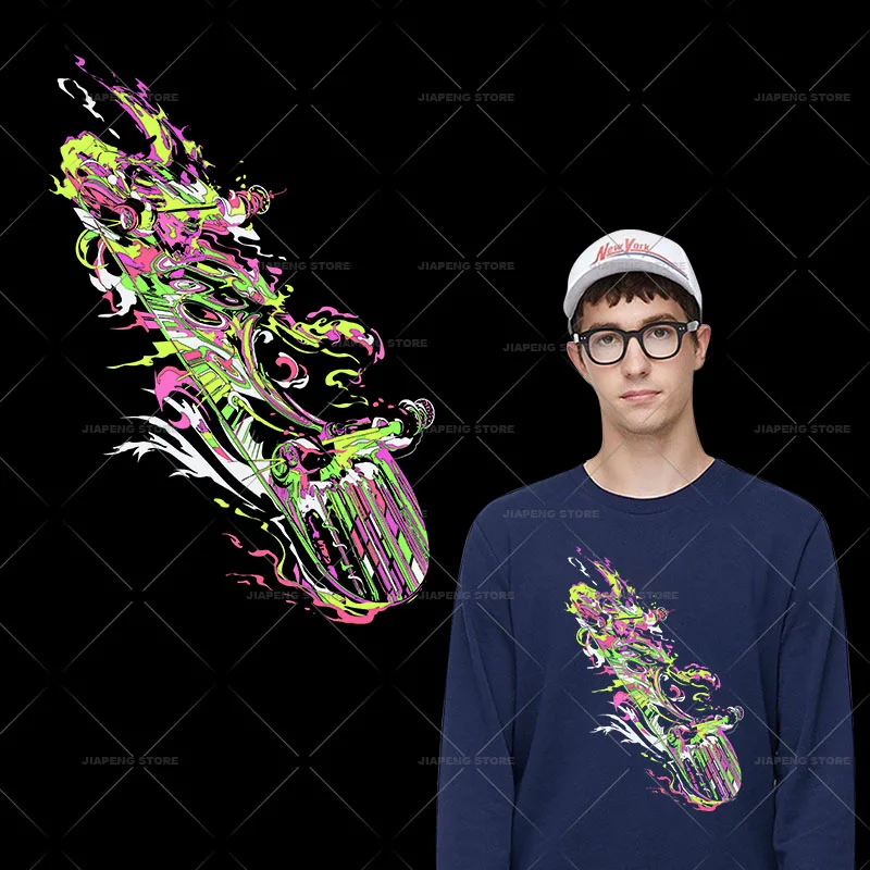 Creative Colorful Skateboard Heat Transfer Vinyl Sticker Iron On Transfers For Clothes Man Hoodie Cool Funny Patches DIY Gift