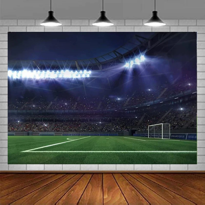 

Football Field Photography Backdrop Stadium Newborn Children Props Crowd Stage Lights Green Grassland Sports Theme Background